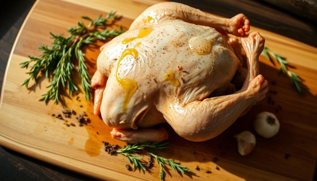 A Cornish hen resting on a wooden cutting board, its skin glistening with a light coating of olive oil. Fragrant herbs and spices, such as rosemary, thyme, and garlic, are carefully scattered around the bird, creating an appetizing arrangement. The lighting is warm and natural, casting subtle shadows that accentuate the textures of the ingredients. The scene is captured from a slightly elevated angle, allowing the viewer to appreciate the full presentation of the seasoned poultry, ready to be transformed into a delectable meal. A Cornish hen resting on a wooden cutting board, its skin glistening with a light coating of olive oil. Fragrant herbs and spices, such as rosemary, thyme, and garlic, are carefully scattered around the bird, creating an appetizing arrangement. The lighting is warm and natural, casting subtle shadows that accentuate the textures of the ingredients. The scene is captured from a slightly elevated angle, allowing the viewer to appreciate the full presentation of the seasoned poultry, ready to be transformed into a delectable meal.