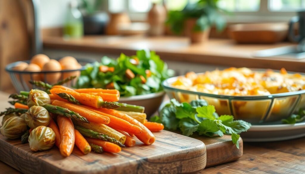 A beautifully composed spread of mouthwatering side dishes set against a warm, cozy kitchen backdrop. In the foreground, a selection of roasted vegetables - golden-brown Brussels sprouts, tender asparagus spears, and crisp baby carrots - arranged artfully on a rustic wooden board. In the middle ground, a creamy potato gratin with a golden-brown, bubbling crust, and a crisp green salad with a light vinaigrette dressing. In the background, a soft, homey atmosphere with natural light streaming in through a large window, casting a gentle glow over the scene. The mood is one of culinary delight and harmonious flavors, perfectly complementing the decadent chocolate ganache of the featured dish. A beautifully composed spread of mouthwatering side dishes set against a warm, cozy kitchen backdrop. In the foreground, a selection of roasted vegetables - golden-brown Brussels sprouts, tender asparagus spears, and crisp baby carrots - arranged artfully on a rustic wooden board. In the middle ground, a creamy potato gratin with a golden-brown, bubbling crust, and a crisp green salad with a light vinaigrette dressing. In the background, a soft, homey atmosphere with natural light streaming in through a large window, casting a gentle glow over the scene. The mood is one of culinary delight and harmonious flavors, perfectly complementing the decadent chocolate ganache of the featured dish.