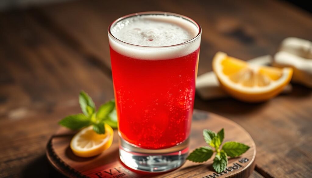 A beautifully crafted and meticulously styled shot of a perfect Hugo Spritz cocktail. The glass is filled with a vibrant, ruby-red liquid, topped with a thick, creamy head of foam. Delicate bubbles rise from the bottom, creating a mesmerizing, effervescent display. The lighting is soft and warm, casting a cozy, inviting glow on the drink. The glass is placed on a rustic, wooden surface, surrounded by a few sprigs of fresh mint and a slice of lemon, adding a touch of natural elegance. The overall composition is simple yet striking, highlighting the intricate details and the enticing, refreshing nature of the perfect Hugo Spritz. A beautifully crafted and meticulously styled shot of a perfect Hugo Spritz cocktail. The glass is filled with a vibrant, ruby-red liquid, topped with a thick, creamy head of foam. Delicate bubbles rise from the bottom, creating a mesmerizing, effervescent display. The lighting is soft and warm, casting a cozy, inviting glow on the drink. The glass is placed on a rustic, wooden surface, surrounded by a few sprigs of fresh mint and a slice of lemon, adding a touch of natural elegance. The overall composition is simple yet striking, highlighting the intricate details and the enticing, refreshing nature of the perfect Hugo Spritz.