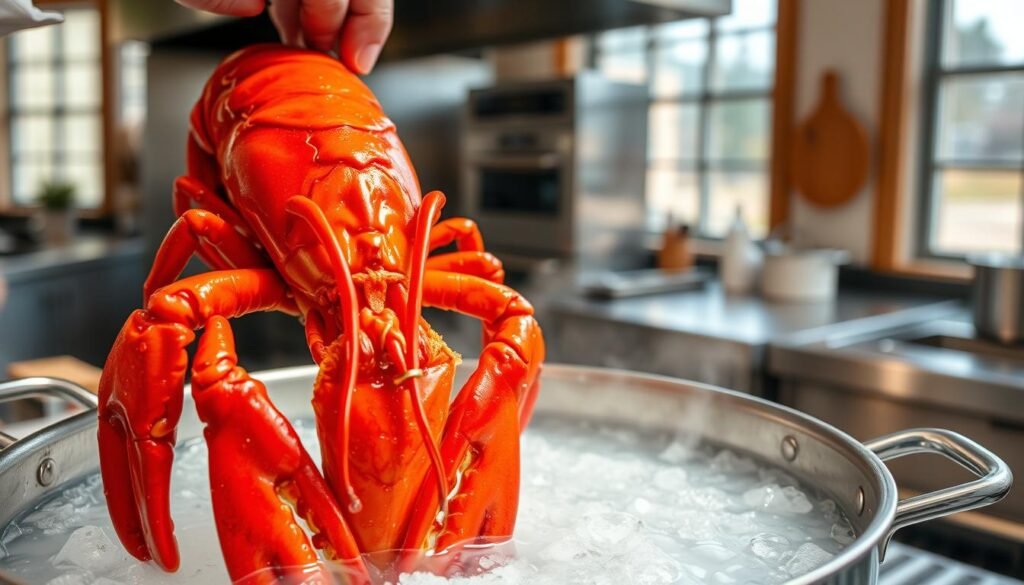 A beautifully lit close-up shot of a fresh Maine lobster being cooked. In the foreground, the lobster's vibrant red shell glistens with droplets of water as it is carefully lowered into a large pot of boiling salted water. The middle ground showcases the chef's hands expertly maneuvering the crustacean, while the background reveals a well-equipped modern kitchen with stainless steel appliances and natural light streaming in through large windows. The composition emphasizes the delicate yet powerful process of preparing this iconic ingredient, capturing the sights, sounds, and aromas of a quintessential seafood cooking experience. A beautifully lit close-up shot of a fresh Maine lobster being cooked. In the foreground, the lobster's vibrant red shell glistens with droplets of water as it is carefully lowered into a large pot of boiling salted water. The middle ground showcases the chef's hands expertly maneuvering the crustacean, while the background reveals a well-equipped modern kitchen with stainless steel appliances and natural light streaming in through large windows. The composition emphasizes the delicate yet powerful process of preparing this iconic ingredient, capturing the sights, sounds, and aromas of a quintessential seafood cooking experience.