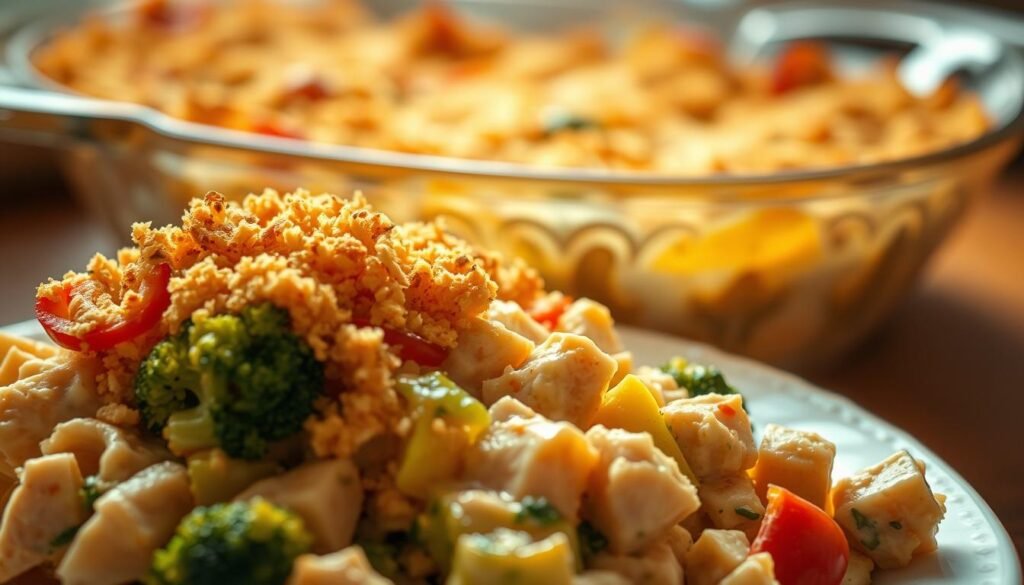 A beautifully lit, close-up shot of a fresh, homemade tuna casserole, brimming with healthy ingredients. In the foreground, a generous serving of the casserole, featuring tender chunks of tuna, vibrant vegetables like broccoli and bell peppers, and a creamy, yet light sauce. The casserole is topped with a golden, crispy breadcrumb crust. In the middle ground, a glimpse of the casserole dish, showcasing its elegant, oval shape and a subtle pattern or design. The background is softly blurred, creating a sense of depth and focus on the delectable dish. The lighting is warm and natural, highlighting the dish's inviting colors and textures, conveying a cozy, wholesome atmosphere. A beautifully lit, close-up shot of a fresh, homemade tuna casserole, brimming with healthy ingredients. In the foreground, a generous serving of the casserole, featuring tender chunks of tuna, vibrant vegetables like broccoli and bell peppers, and a creamy, yet light sauce. The casserole is topped with a golden, crispy breadcrumb crust. In the middle ground, a glimpse of the casserole dish, showcasing its elegant, oval shape and a subtle pattern or design. The background is softly blurred, creating a sense of depth and focus on the delectable dish. The lighting is warm and natural, highlighting the dish's inviting colors and textures, conveying a cozy, wholesome atmosphere.