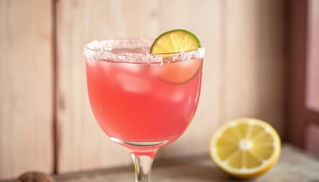 A beautifully lit, high-resolution image of a chilled Skinny Margarita cocktail. The glass is filled with a vibrant pink liquid, garnished with a thin lime wedge and a dusting of pink Himalayan salt around the rim. The glass is set against a soft, out-of-focus backdrop, perhaps a rustic wooden surface or a pastel-colored wall. The lighting is warm and inviting, casting gentle shadows that accentuate the delicate curves of the glass. The overall mood is refreshing, healthy, and visually appealing, capturing the essence of the "Skinny Margarita" recipe. A beautifully lit, high-resolution image of a chilled Skinny Margarita cocktail. The glass is filled with a vibrant pink liquid, garnished with a thin lime wedge and a dusting of pink Himalayan salt around the rim. The glass is set against a soft, out-of-focus backdrop, perhaps a rustic wooden surface or a pastel-colored wall. The lighting is warm and inviting, casting gentle shadows that accentuate the delicate curves of the glass. The overall mood is refreshing, healthy, and visually appealing, capturing the essence of the "Skinny Margarita" recipe.