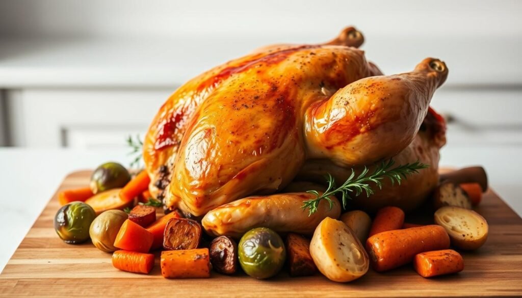 A beautifully plated Cornish hen, freshly roasted, resting on a wooden cutting board. The golden-brown skin glistens under soft, natural lighting, inviting the viewer to admire its crisp texture. Alongside the hen, an array of neatly arranged seasonal vegetables, such as Brussels sprouts, carrots, and potatoes, all expertly seasoned and roasted to perfection. In the background, a minimalist kitchen countertop provides a clean, uncluttered backdrop, allowing the hero dish to take center stage. The overall composition radiates an air of culinary mastery, showcasing the common mistakes to avoid when preparing this delectable Cornish hen recipe. A beautifully plated Cornish hen, freshly roasted, resting on a wooden cutting board. The golden-brown skin glistens under soft, natural lighting, inviting the viewer to admire its crisp texture. Alongside the hen, an array of neatly arranged seasonal vegetables, such as Brussels sprouts, carrots, and potatoes, all expertly seasoned and roasted to perfection. In the background, a minimalist kitchen countertop provides a clean, uncluttered backdrop, allowing the hero dish to take center stage. The overall composition radiates an air of culinary mastery, showcasing the common mistakes to avoid when preparing this delectable Cornish hen recipe.