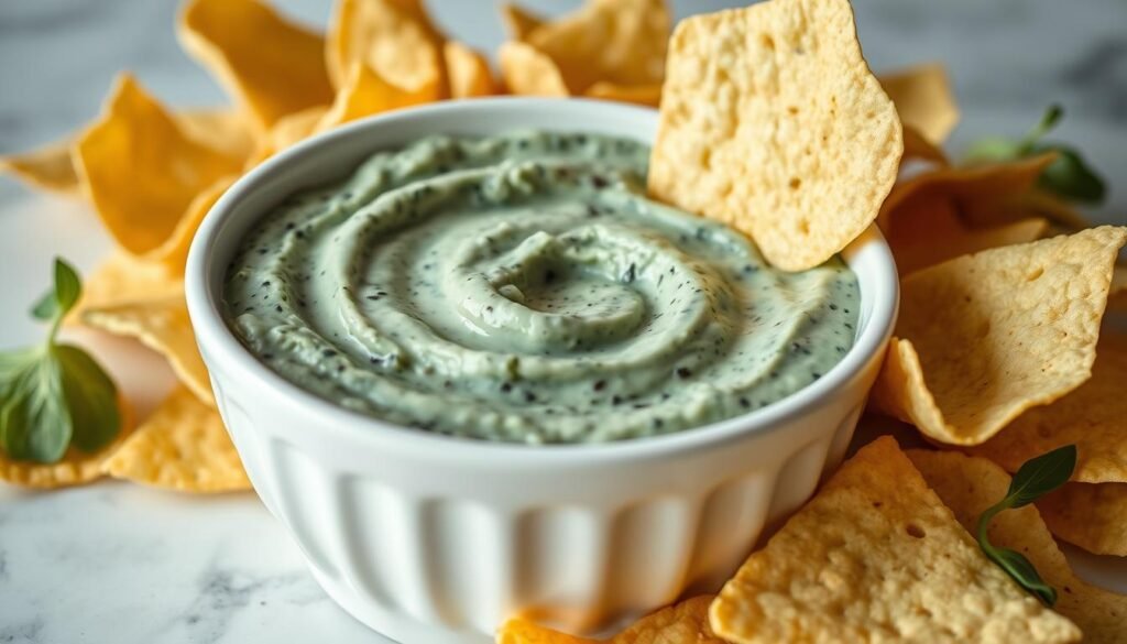 A beautifully styled and lit close-up shot of a white ceramic bowl filled with a creamy, vibrant green spinach dip. Crisp, fresh-looking tortilla chips are arranged artfully around the bowl, ready to be dipped. The lighting casts a warm, inviting glow, accentuating the rich, velvety texture of the dip. The background is a clean, minimalist kitchen counter or table, allowing the spinach dip to be the star of the composition. The overall atmosphere is one of elegance, sophistication, and the perfect accompaniment to a refreshing Hugo Spritz cocktail. A beautifully styled and lit close-up shot of a white ceramic bowl filled with a creamy, vibrant green spinach dip. Crisp, fresh-looking tortilla chips are arranged artfully around the bowl, ready to be dipped. The lighting casts a warm, inviting glow, accentuating the rich, velvety texture of the dip. The background is a clean, minimalist kitchen counter or table, allowing the spinach dip to be the star of the composition. The overall atmosphere is one of elegance, sophistication, and the perfect accompaniment to a refreshing Hugo Spritz cocktail.