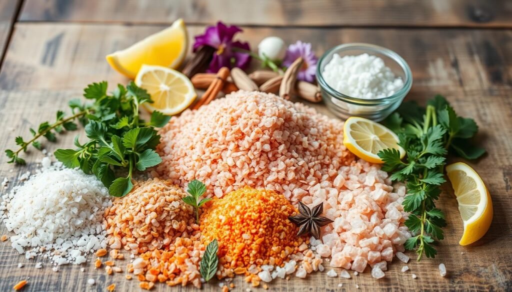 A beautifully styled flat lay of various pink salt recipes and ingredients. In the foreground, a selection of gourmet pink salts in different grind sizes, arranged artfully. In the middle ground, an array of fresh herbs, spices, and other garnishes like lemon wedges and edible flowers. The background features a rustic wooden surface, with a soft, diffused natural lighting creating a warm, inviting atmosphere. The overall composition emphasizes the versatility and creative possibilities of cooking with pink salt, capturing the essence of the "Creative Recipe Ideas Using Pink Salt" section. A beautifully styled flat lay of various pink salt recipes and ingredients. In the foreground, a selection of gourmet pink salts in different grind sizes, arranged artfully. In the middle ground, an array of fresh herbs, spices, and other garnishes like lemon wedges and edible flowers. The background features a rustic wooden surface, with a soft, diffused natural lighting creating a warm, inviting atmosphere. The overall composition emphasizes the versatility and creative possibilities of cooking with pink salt, capturing the essence of the "Creative Recipe Ideas Using Pink Salt" section.