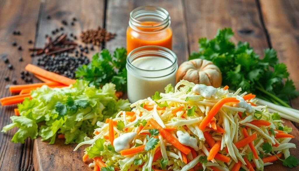 A bountiful arrangement of fresh KFC coleslaw ingredients, meticulously placed on a rustic wooden table. In the foreground, crisp green cabbage and carrots are neatly piled, complemented by a creamy white coleslaw dressing. The middle ground features a glass jar filled with a vibrant orange liquid, likely the signature KFC coleslaw sauce. In the background, a scattering of spices and herbs, such as black pepper and parsley, add depth and texture to the scene. The lighting is soft and natural, casting a warm glow over the ingredients, creating an inviting and appetizing atmosphere. A bountiful arrangement of fresh KFC coleslaw ingredients, meticulously placed on a rustic wooden table. In the foreground, crisp green cabbage and carrots are neatly piled, complemented by a creamy white coleslaw dressing. The middle ground features a glass jar filled with a vibrant orange liquid, likely the signature KFC coleslaw sauce. In the background, a scattering of spices and herbs, such as black pepper and parsley, add depth and texture to the scene. The lighting is soft and natural, casting a warm glow over the ingredients, creating an inviting and appetizing atmosphere.