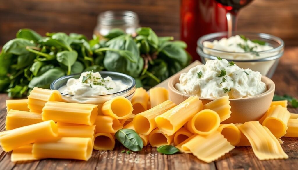 A bountiful arrangement of fresh ingredients for homemade manicotti on a rustic wooden surface. In the foreground, plump lasagna noodles and a bowl of creamy ricotta cheese. In the middle ground, a bundle of fresh spinach, a wedge of Parmesan, and a sprinkling of herbs. In the background, a jar of marinara sauce and a glass of red wine, setting the stage for a delectable Italian feast. The scene is bathed in warm, natural light, creating a cozy, inviting atmosphere. The composition is balanced and visually appealing, showcasing the essential components for a delicious manicotti dish. A bountiful arrangement of fresh ingredients for homemade manicotti on a rustic wooden surface. In the foreground, plump lasagna noodles and a bowl of creamy ricotta cheese. In the middle ground, a bundle of fresh spinach, a wedge of Parmesan, and a sprinkling of herbs. In the background, a jar of marinara sauce and a glass of red wine, setting the stage for a delectable Italian feast. The scene is bathed in warm, natural light, creating a cozy, inviting atmosphere. The composition is balanced and visually appealing, showcasing the essential components for a delicious manicotti dish.