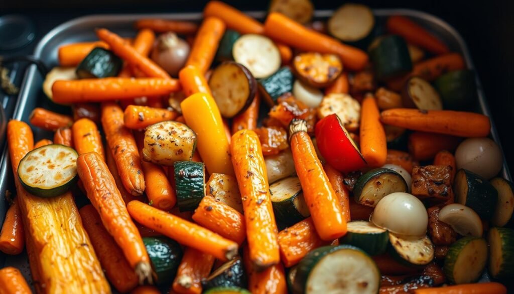 A bountiful arrangement of freshly roasted vegetables, including vibrant carrots, zucchini, bell peppers, and onions, fills the frame. The crisp, golden-brown edges and glistening surfaces suggest the delectable caramelization achieved through air frying. Arranged on a sleek, modern baking tray, the vegetables are bathed in warm, diffused lighting that accentuates their natural colors and textures. A hint of fragrant seasoning, such as garlic, herbs, or a drizzle of olive oil, adds depth and complexity to the scene. This inviting image captures the essence of a flavorful, easy-to-prepare air fryer side dish, perfectly complementing the article's focus on homemade, tasty meals. A bountiful arrangement of freshly roasted vegetables, including vibrant carrots, zucchini, bell peppers, and onions, fills the frame. The crisp, golden-brown edges and glistening surfaces suggest the delectable caramelization achieved through air frying. Arranged on a sleek, modern baking tray, the vegetables are bathed in warm, diffused lighting that accentuates their natural colors and textures. A hint of fragrant seasoning, such as garlic, herbs, or a drizzle of olive oil, adds depth and complexity to the scene. This inviting image captures the essence of a flavorful, easy-to-prepare air fryer side dish, perfectly complementing the article's focus on homemade, tasty meals.