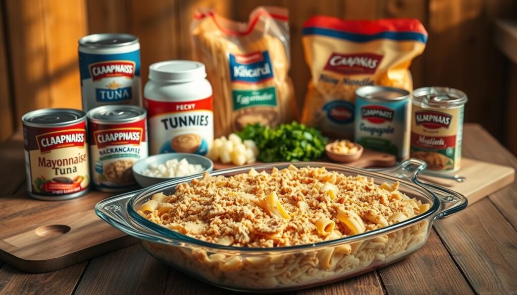 A bountiful arrangement of tuna casserole ingredients on a rustic wooden table, bathed in warm, natural lighting. In the foreground, a glass baking dish overflows with fresh tuna, creamy condensed soup, tender egg noodles, and a golden-brown breadcrumb topping. Surrounding it, a selection of essential components - cans of tuna, bags of wide egg noodles, jars of mayonnaise and cream of mushroom soup, and a bundle of fresh parsley. In the middle ground, a cutting board with sliced onions and celery, ready to be sautéed. The background is softly blurred, emphasizing the protagonist ingredients and the sumptuous, comforting nature of this classic, family-friendly dish. A bountiful arrangement of tuna casserole ingredients on a rustic wooden table, bathed in warm, natural lighting. In the foreground, a glass baking dish overflows with fresh tuna, creamy condensed soup, tender egg noodles, and a golden-brown breadcrumb topping. Surrounding it, a selection of essential components - cans of tuna, bags of wide egg noodles, jars of mayonnaise and cream of mushroom soup, and a bundle of fresh parsley. In the middle ground, a cutting board with sliced onions and celery, ready to be sautéed. The background is softly blurred, emphasizing the protagonist ingredients and the sumptuous, comforting nature of this classic, family-friendly dish.