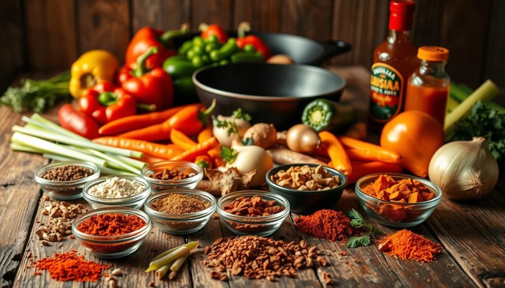 A bountiful array of Cajun cooking ingredients laid out on a rustic wooden table, illuminated by warm, natural lighting. In the foreground, a mélange of aromatic spices, including paprika, cayenne, and thyme, nestled in small bowls. In the middle ground, a selection of fresh vegetables like bell peppers, onions, and celery, their vibrant colors and textures contrasting with the weathered tabletop. In the background, a cast-iron skillet and a jar of Louisiana hot sauce, hinting at the bold flavors to come. The overall atmosphere exudes the rich culinary heritage and lively spirit of Cajun cuisine. A bountiful array of Cajun cooking ingredients laid out on a rustic wooden table, illuminated by warm, natural lighting. In the foreground, a mélange of aromatic spices, including paprika, cayenne, and thyme, nestled in small bowls. In the middle ground, a selection of fresh vegetables like bell peppers, onions, and celery, their vibrant colors and textures contrasting with the weathered tabletop. In the background, a cast-iron skillet and a jar of Louisiana hot sauce, hinting at the bold flavors to come. The overall atmosphere exudes the rich culinary heritage and lively spirit of Cajun cuisine.