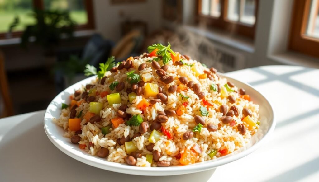 A bountiful feast of healthy variations on the classic dirty rice dish. Aromatic basmati rice simmered with a medley of sautéed vegetables - diced bell peppers, onions, and celery. Sprinkled with earthy brown lentils and fragrant herbs like parsley and thyme. Touches of warm spices like paprika and cumin lend depth. Sunlight streams through large windows, casting a soft glow on the steaming plate. The composition is simple yet elegant, inviting the viewer to savor the nourishing and flavorful creation. A bountiful feast of healthy variations on the classic dirty rice dish. Aromatic basmati rice simmered with a medley of sautéed vegetables - diced bell peppers, onions, and celery. Sprinkled with earthy brown lentils and fragrant herbs like parsley and thyme. Touches of warm spices like paprika and cumin lend depth. Sunlight streams through large windows, casting a soft glow on the steaming plate. The composition is simple yet elegant, inviting the viewer to savor the nourishing and flavorful creation.