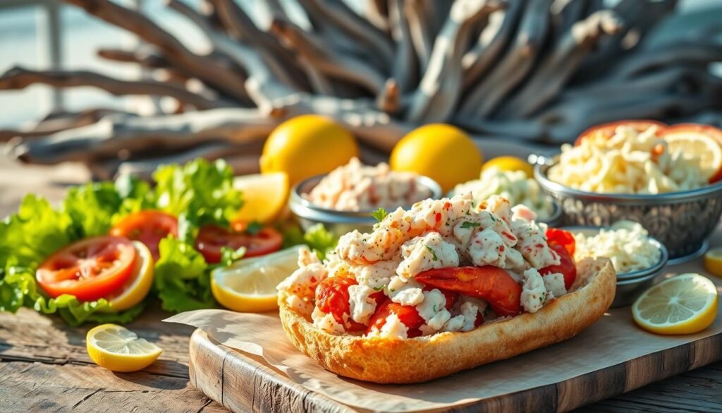 A bountiful seafood spread on a rustic wooden surface, with the sun-kissed glow of a coastal afternoon. In the foreground, fresh lobster meat, lightly seasoned, nestled in a pillowy, lightly toasted brioche bun. Alongside, crisp lettuce leaves, juicy tomato slices, and a creamy, tangy coleslaw. In the middle ground, a scattering of lemon wedges, their vibrant yellow hues contrasting with the deep red of the lobster. In the background, a backdrop of weathered driftwood, evoking the beachy charm of a seaside cottage. The overall mood is one of laid-back elegance, capturing the essence of a quintessential New England summer delicacy. A bountiful seafood spread on a rustic wooden surface, with the sun-kissed glow of a coastal afternoon. In the foreground, fresh lobster meat, lightly seasoned, nestled in a pillowy, lightly toasted brioche bun. Alongside, crisp lettuce leaves, juicy tomato slices, and a creamy, tangy coleslaw. In the middle ground, a scattering of lemon wedges, their vibrant yellow hues contrasting with the deep red of the lobster. In the background, a backdrop of weathered driftwood, evoking the beachy charm of a seaside cottage. The overall mood is one of laid-back elegance, capturing the essence of a quintessential New England summer delicacy.