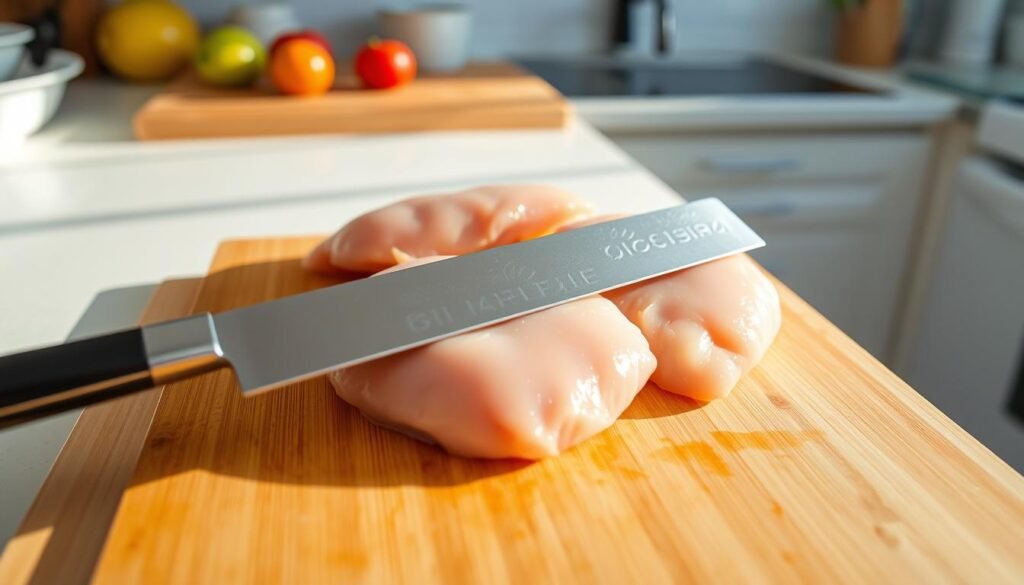 A bright, airy kitchen countertop, a wooden cutting board placed at the center. Atop the board, a pair of plump chicken breasts, their skin glistening under the warm, natural lighting. A chef's knife, its steel blade gleaming, is poised to flatten the chicken, creating even, tender cutlets. The scene exudes a sense of culinary preparation, the anticipation of a delicious meal to come. A bright, airy kitchen countertop, a wooden cutting board placed at the center. Atop the board, a pair of plump chicken breasts, their skin glistening under the warm, natural lighting. A chef's knife, its steel blade gleaming, is poised to flatten the chicken, creating even, tender cutlets. The scene exudes a sense of culinary preparation, the anticipation of a delicious meal to come.