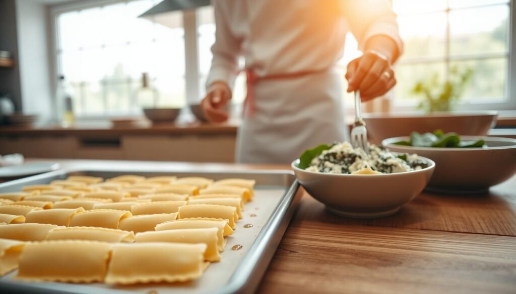 A bright and airy kitchen scene, with a large wooden table in the foreground. On the table, a tray of freshly prepared manicotti shells, their ridges glistening with a light coating of olive oil. Next to the tray, a bowl of creamy, vibrant spinach filling, ready to be piped into the pasta. In the middle ground, a chef's hands gently and meticulously assembling the manicotti, carefully spooning the filling into each shell. In the background, a large window floods the space with warm, natural light, casting a soft, inviting glow over the entire scene. The atmosphere is one of focused, delicate preparation, inviting the viewer to imagine the delicious, comforting flavors to come. A bright and airy kitchen scene, with a large wooden table in the foreground. On the table, a tray of freshly prepared manicotti shells, their ridges glistening with a light coating of olive oil. Next to the tray, a bowl of creamy, vibrant spinach filling, ready to be piped into the pasta. In the middle ground, a chef's hands gently and meticulously assembling the manicotti, carefully spooning the filling into each shell. In the background, a large window floods the space with warm, natural light, casting a soft, inviting glow over the entire scene. The atmosphere is one of focused, delicate preparation, inviting the viewer to imagine the delicious, comforting flavors to come.