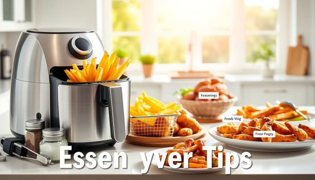 A bright, cheerful scene showcasing essential air fryer tips. In the foreground, a stainless steel air fryer rests on a sleek kitchen counter, its basket filled with crispy, golden-brown fries. Surrounding the appliance, a collection of labeled ingredients and accessories - seasonings, tongs, and a timer - provide visual cues for optimal air frying. The middle ground features an array of freshly prepared dishes, including tender chicken wings and roasted vegetables, highlighting the versatility of the air fryer. The background depicts a sun-drenched kitchen, with natural light streaming through large windows, creating a warm, inviting atmosphere. The overall composition conveys a sense of culinary mastery and the joy of effortless, healthier home-cooked meals. A bright, cheerful scene showcasing essential air fryer tips. In the foreground, a stainless steel air fryer rests on a sleek kitchen counter, its basket filled with crispy, golden-brown fries. Surrounding the appliance, a collection of labeled ingredients and accessories - seasonings, tongs, and a timer - provide visual cues for optimal air frying. The middle ground features an array of freshly prepared dishes, including tender chicken wings and roasted vegetables, highlighting the versatility of the air fryer. The background depicts a sun-drenched kitchen, with natural light streaming through large windows, creating a warm, inviting atmosphere. The overall composition conveys a sense of culinary mastery and the joy of effortless, healthier home-cooked meals.