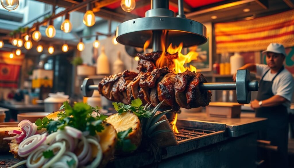 A bustling outdoor kitchen scene, with a skilled chef expertly preparing traditional al pastor on a large vertical spit. The pork sizzles over an open flame, caramelizing the flavorful marinade. In the foreground, freshly grilled pineapple slices add a vibrant contrast. Onions, cilantro, and lime wedges are neatly arranged, ready to be used as garnishes. The background features the warm, rustic ambiance of a Mexican street food stall, with hanging string lights and colorful textiles creating a lively, authentic atmosphere. Warm, golden lighting casts a cozy glow over the entire scene, inviting the viewer to imagine the tantalizing aromas and flavors of this classic dish. A bustling outdoor kitchen scene, with a skilled chef expertly preparing traditional al pastor on a large vertical spit. The pork sizzles over an open flame, caramelizing the flavorful marinade. In the foreground, freshly grilled pineapple slices add a vibrant contrast. Onions, cilantro, and lime wedges are neatly arranged, ready to be used as garnishes. The background features the warm, rustic ambiance of a Mexican street food stall, with hanging string lights and colorful textiles creating a lively, authentic atmosphere. Warm, golden lighting casts a cozy glow over the entire scene, inviting the viewer to imagine the tantalizing aromas and flavors of this classic dish.