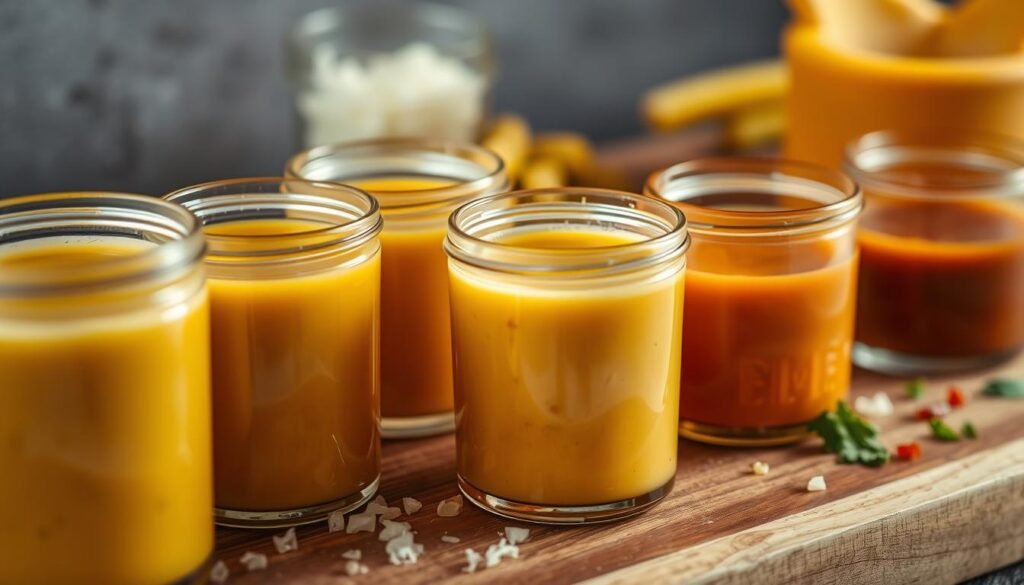 A close-up composition showcasing several variations of the classic Big Mac sauce. Prominently displayed in the foreground are glass containers holding sauces with different shades of yellow, orange, and brown hues, each with subtle textural differences. The middle ground features a wooden surface, perhaps a cutting board, where various ingredients like chopped onions, pickles, and fresh herbs are scattered, hinting at the sauce's composition. Soft, warm lighting casts a comforting glow, evoking the familiar flavor and aroma of the iconic fast-food condiment. The overall mood is one of culinary exploration, inviting the viewer to imagine the diverse ways this versatile sauce can be used to enhance a variety of dishes. A close-up composition showcasing several variations of the classic Big Mac sauce. Prominently displayed in the foreground are glass containers holding sauces with different shades of yellow, orange, and brown hues, each with subtle textural differences. The middle ground features a wooden surface, perhaps a cutting board, where various ingredients like chopped onions, pickles, and fresh herbs are scattered, hinting at the sauce's composition. Soft, warm lighting casts a comforting glow, evoking the familiar flavor and aroma of the iconic fast-food condiment. The overall mood is one of culinary exploration, inviting the viewer to imagine the diverse ways this versatile sauce can be used to enhance a variety of dishes.