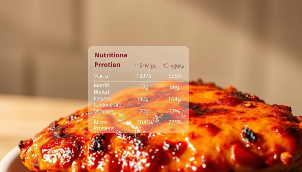 A close-up, detailed illustration of the nutritional value breakdown of a succulent chipotle-spiced chicken breast. The foreground features the juicy, charred chicken with a vibrant red-orange chipotle glaze, showcasing its appealing texture and flavor. In the middle ground, a transparent overlay displays the macro and micronutrient contents, including protein, fat, carbohydrates, vitamins, and minerals, all presented in a clean, infographic-style layout. The background is a soft, muted gradient, allowing the focal point to stand out clearly. Warm, natural lighting casts subtle shadows, enhancing the dish's depth and dimensionality. The overall aesthetic is informative yet visually appetizing, designed to highlight the health benefits of this flavorful chipotle chicken.