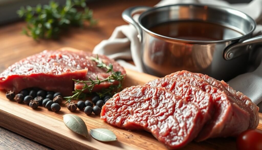 A close-up, high-resolution image of the key ingredients for a classic au jus sauce. In the foreground, freshly sliced beef, juicy and tender, sits atop a cutting board. Surrounding the beef, a collection of aromatic spices including whole black peppercorns, bay leaves, and sprigs of fresh thyme. In the middle ground, a stainless steel saucepan filled with a rich, savory broth, gently simmering over a flickering flame. In the background, a wooden table with a linen cloth, creating a rustic, homey atmosphere. The lighting is soft and natural, highlighting the earthy tones and textures of the ingredients. The overall mood is one of culinary preparation, where the simple yet essential components come together to create a flavorful and comforting au jus. A close-up, high-resolution image of the key ingredients for a classic au jus sauce. In the foreground, freshly sliced beef, juicy and tender, sits atop a cutting board. Surrounding the beef, a collection of aromatic spices including whole black peppercorns, bay leaves, and sprigs of fresh thyme. In the middle ground, a stainless steel saucepan filled with a rich, savory broth, gently simmering over a flickering flame. In the background, a wooden table with a linen cloth, creating a rustic, homey atmosphere. The lighting is soft and natural, highlighting the earthy tones and textures of the ingredients. The overall mood is one of culinary preparation, where the simple yet essential components come together to create a flavorful and comforting au jus.