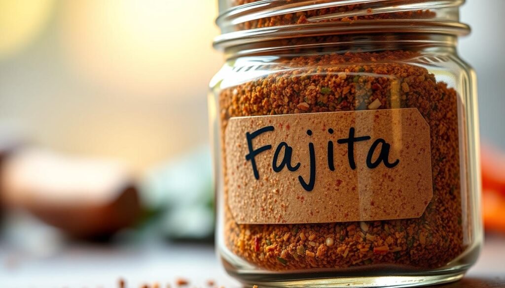 A close-up, high-resolution photograph of a small glass jar filled with a homemade fajita seasoning blend. The seasoning appears to be a vibrant mixture of ground chili peppers, cumin, garlic powder, onion powder, oregano, and other fragrant spices. The glass jar has a simple, rustic label with handwritten text. The lighting is warm and natural, casting a gentle glow on the contents. The image is crisp and in focus, with a shallow depth of field that softly blurs the background, drawing the viewer's attention to the detailed texture and color of the seasoning. The overall mood is one of authentic, homemade culinary delight. A close-up, high-resolution photograph of a small glass jar filled with a homemade fajita seasoning blend. The seasoning appears to be a vibrant mixture of ground chili peppers, cumin, garlic powder, onion powder, oregano, and other fragrant spices. The glass jar has a simple, rustic label with handwritten text. The lighting is warm and natural, casting a gentle glow on the contents. The image is crisp and in focus, with a shallow depth of field that softly blurs the background, drawing the viewer's attention to the detailed texture and color of the seasoning. The overall mood is one of authentic, homemade culinary delight.