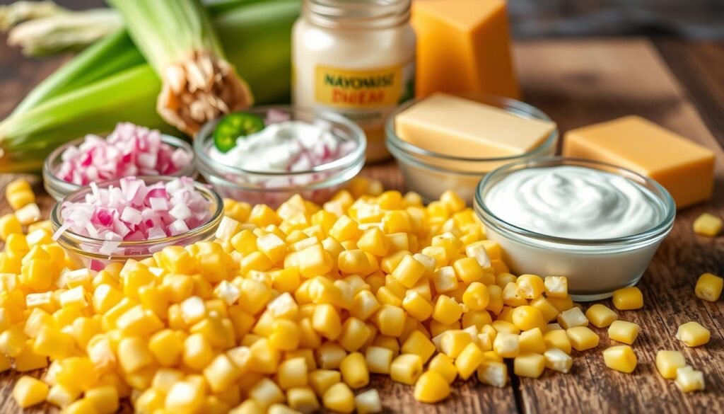 A close-up image of an assortment of essential ingredients for a creamy and delicious corn dip. In the foreground, freshly shucked corn kernels spill across a rustic wooden surface, their vibrant golden hues catching the warm, natural lighting. Surrounding the corn are small bowls filled with diced red onions, minced jalapeños, and tangy sour cream. In the middle ground, a jar of mayonnaise and a wedge of sharp cheddar cheese add richness and flavor to the composition. The background is softly blurred, allowing the focus to remain on the array of key components needed to create a mouthwatering corn dip. A close-up image of an assortment of essential ingredients for a creamy and delicious corn dip. In the foreground, freshly shucked corn kernels spill across a rustic wooden surface, their vibrant golden hues catching the warm, natural lighting. Surrounding the corn are small bowls filled with diced red onions, minced jalapeños, and tangy sour cream. In the middle ground, a jar of mayonnaise and a wedge of sharp cheddar cheese add richness and flavor to the composition. The background is softly blurred, allowing the focus to remain on the array of key components needed to create a mouthwatering corn dip.