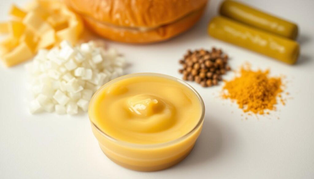 A close-up, macro shot of the key ingredients used to make classic Big Mac sauce, arranged on a clean, white background. In the foreground, we see a small, round container of creamy, tangy, bright yellow McDonald's-style special sauce, with hints of garlic, onion, and a slight sweetness. In the middle ground, there are neatly placed piles of diced white onions, dill pickles, and a small pile of dried, ground spices - likely paprika, mustard powder, and black pepper. The lighting is soft and diffused, highlighting the vivid colors and textures of the components. The overall mood is one of simple, straightforward culinary preparation, focused on the essential flavors that define the iconic Big Mac sauce. A close-up, macro shot of the key ingredients used to make classic Big Mac sauce, arranged on a clean, white background. In the foreground, we see a small, round container of creamy, tangy, bright yellow McDonald's-style special sauce, with hints of garlic, onion, and a slight sweetness. In the middle ground, there are neatly placed piles of diced white onions, dill pickles, and a small pile of dried, ground spices - likely paprika, mustard powder, and black pepper. The lighting is soft and diffused, highlighting the vivid colors and textures of the components. The overall mood is one of simple, straightforward culinary preparation, focused on the essential flavors that define the iconic Big Mac sauce.