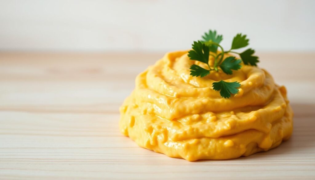 A close-up of a creamy, golden-yellow corn dip, garnished with fresh cilantro sprigs, presented against a clean, minimalist background. The dip is set on a light-toned wooden surface, with soft shadows and highlights creating a sense of depth and dimensionality. The lighting is soft and even, emphasizing the rich, indulgent texture of the dip. The composition is balanced and visually appealing, showcasing the dip's nutritional information in a clear and concise manner. A close-up of a creamy, golden-yellow corn dip, garnished with fresh cilantro sprigs, presented against a clean, minimalist background. The dip is set on a light-toned wooden surface, with soft shadows and highlights creating a sense of depth and dimensionality. The lighting is soft and even, emphasizing the rich, indulgent texture of the dip. The composition is balanced and visually appealing, showcasing the dip's nutritional information in a clear and concise manner.