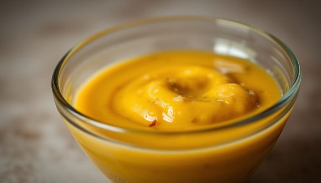 A close-up of a glass bowl filled with a creamy, golden-yellow sauce, with hints of garlic, onion, and tangy seasonings. The surface has a glossy, glistening sheen, reflecting the warm lighting above. The background is a soft, neutral backdrop, allowing the sauce to be the focal point. The image is captured with a shallow depth of field, creating a sense of intimacy and focus on the rich, textured appearance of the sauce. The lighting is diffused and gentle, highlighting the sauce's smooth, velvety consistency. The overall mood is one of culinary delight and the promise of a delicious, flavor-packed experience. A close-up of a glass bowl filled with a creamy, golden-yellow sauce, with hints of garlic, onion, and tangy seasonings. The surface has a glossy, glistening sheen, reflecting the warm lighting above. The background is a soft, neutral backdrop, allowing the sauce to be the focal point. The image is captured with a shallow depth of field, creating a sense of intimacy and focus on the rich, textured appearance of the sauce. The lighting is diffused and gentle, highlighting the sauce's smooth, velvety consistency. The overall mood is one of culinary delight and the promise of a delicious, flavor-packed experience.