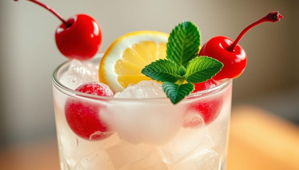 A close-up photograph of a classic Shirley Temple garnished with maraschino cherries, a lemon wedge, and a sprig of fresh mint. The drink is served in a tall, clear glass filled with crushed ice, casting a soft, ambient glow. The lighting is natural, with a slightly hazy, golden tone that evokes a nostalgic, timeless atmosphere. The focus is sharp on the vibrant red cherries and the glistening lemon slice, creating a visually appealing and mouthwatering presentation that captures the essence of this refreshing, family-friendly beverage. A close-up photograph of a classic Shirley Temple garnished with maraschino cherries, a lemon wedge, and a sprig of fresh mint. The drink is served in a tall, clear glass filled with crushed ice, casting a soft, ambient glow. The lighting is natural, with a slightly hazy, golden tone that evokes a nostalgic, timeless atmosphere. The focus is sharp on the vibrant red cherries and the glistening lemon slice, creating a visually appealing and mouthwatering presentation that captures the essence of this refreshing, family-friendly beverage.