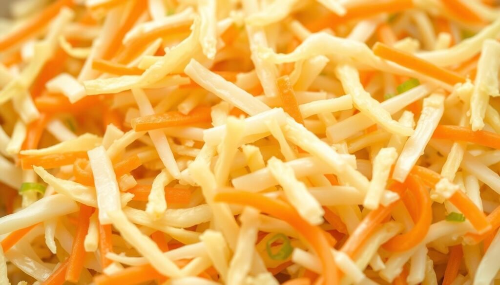 A close-up photograph of a crunchy, fresh coleslaw texture. The shredded cabbage and carrots are arranged in an appealing, slightly chaotic pattern, capturing the natural randomness of the ingredients. The lighting is soft and diffused, creating a delicate, appetizing appearance. The image is shot from a low angle, emphasizing the tactile quality of the coleslaw and drawing the viewer's attention to the subtle variations in color and texture. The overall mood is one of rustic simplicity, inviting the viewer to imagine the satisfying crunch and tangy flavor of the dish. A close-up photograph of a crunchy, fresh coleslaw texture. The shredded cabbage and carrots are arranged in an appealing, slightly chaotic pattern, capturing the natural randomness of the ingredients. The lighting is soft and diffused, creating a delicate, appetizing appearance. The image is shot from a low angle, emphasizing the tactile quality of the coleslaw and drawing the viewer's attention to the subtle variations in color and texture. The overall mood is one of rustic simplicity, inviting the viewer to imagine the satisfying crunch and tangy flavor of the dish.