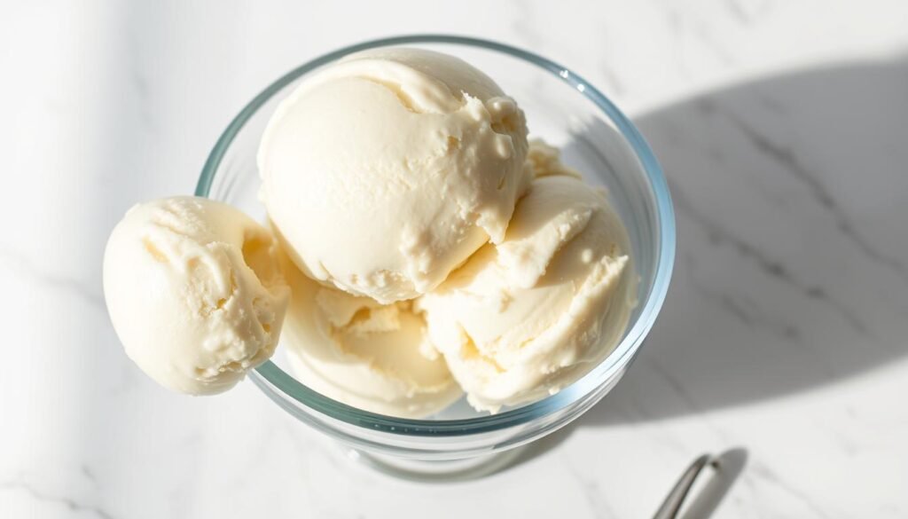 A close-up shot of a classic vanilla ice cream in a glass bowl, with a scoop on the side. The ice cream has a rich, creamy texture and a pale, pristine white color. Delicate vanilla bean flecks are visible throughout. The bowl is positioned on a clean, white marble surface, with a simple metal spoon resting next to it. Soft, natural lighting from the side gently illuminates the scene, casting subtle shadows and highlights. The overall mood is one of simplicity, elegance, and the comforting pleasure of homemade ice cream. A close-up shot of a classic vanilla ice cream in a glass bowl, with a scoop on the side. The ice cream has a rich, creamy texture and a pale, pristine white color. Delicate vanilla bean flecks are visible throughout. The bowl is positioned on a clean, white marble surface, with a simple metal spoon resting next to it. Soft, natural lighting from the side gently illuminates the scene, casting subtle shadows and highlights. The overall mood is one of simplicity, elegance, and the comforting pleasure of homemade ice cream.