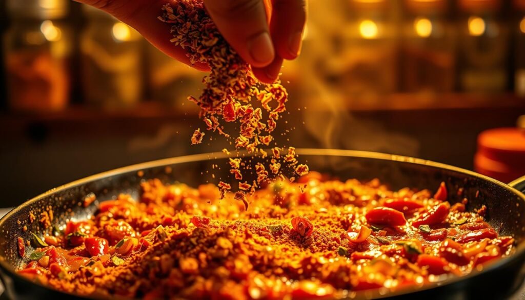 A close-up shot of a hand sprinkling various dried chili flakes and powders over a sizzling skillet filled with vibrant, aromatic ingredients. The warm lighting casts a rich, earthy glow, highlighting the textures and colors of the seasonings as they mingle with the simmering mixture. In the background, a blurred view of a well-stocked spice rack or kitchen counter, suggesting the abundance of flavors at the cook's disposal. The overall mood is one of culinary experimentation and the promise of bold, complex flavors to come. A close-up shot of a hand sprinkling various dried chili flakes and powders over a sizzling skillet filled with vibrant, aromatic ingredients. The warm lighting casts a rich, earthy glow, highlighting the textures and colors of the seasonings as they mingle with the simmering mixture. In the background, a blurred view of a well-stocked spice rack or kitchen counter, suggesting the abundance of flavors at the cook's disposal. The overall mood is one of culinary experimentation and the promise of bold, complex flavors to come.