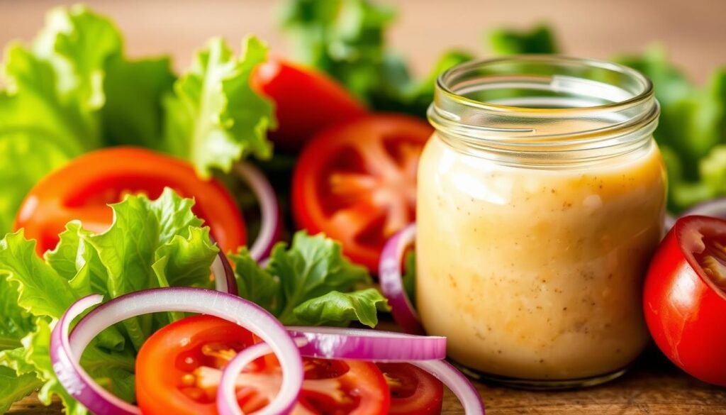 A close-up shot of a selection of fresh, natural ingredients used to make healthy Big Mac sauce. In the foreground, vibrant green lettuce leaves, crisp red onion slices, and juicy tomato wedges are neatly arranged. In the middle ground, a glass jar filled with a creamy, golden-hued sauce made from nutritious ingredients like Greek yogurt, Dijon mustard, apple cider vinegar, and herbs. The background is softly blurred, allowing the healthy, flavorful components to take center stage under warm, natural lighting that enhances their vibrant colors and textures. A close-up shot of a selection of fresh, natural ingredients used to make healthy Big Mac sauce. In the foreground, vibrant green lettuce leaves, crisp red onion slices, and juicy tomato wedges are neatly arranged. In the middle ground, a glass jar filled with a creamy, golden-hued sauce made from nutritious ingredients like Greek yogurt, Dijon mustard, apple cider vinegar, and herbs. The background is softly blurred, allowing the healthy, flavorful components to take center stage under warm, natural lighting that enhances their vibrant colors and textures.