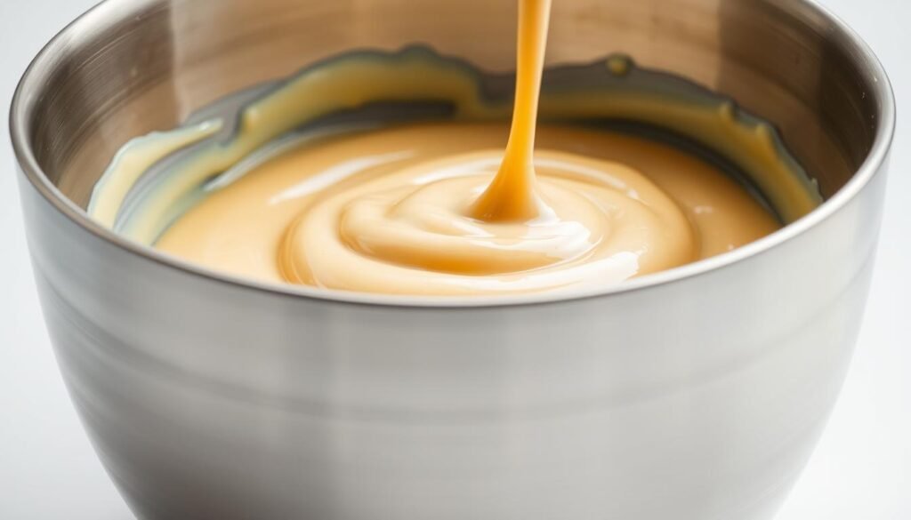 A close-up shot of a stainless steel mixing bowl filled with a creamy, pale-yellow sauce. The sauce has a glossy, emulsified texture and is gently swirled, revealing its smooth, velvety consistency. The bowl is set against a clean, white background, bathed in soft, even lighting that accentuates the sauce's appealing color and consistency. The composition is simple, yet visually compelling, drawing the viewer's attention to the details of the homemade Big Mac sauce, ready to be drizzled, dipped, or dolloped onto burgers, fries, or any other desired dish. A close-up shot of a stainless steel mixing bowl filled with a creamy, pale-yellow sauce. The sauce has a glossy, emulsified texture and is gently swirled, revealing its smooth, velvety consistency. The bowl is set against a clean, white background, bathed in soft, even lighting that accentuates the sauce's appealing color and consistency. The composition is simple, yet visually compelling, drawing the viewer's attention to the details of the homemade Big Mac sauce, ready to be drizzled, dipped, or dolloped onto burgers, fries, or any other desired dish.