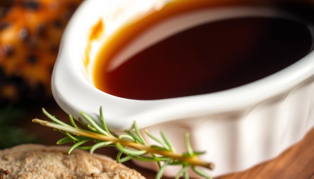 A close-up shot of a white ceramic dish, filled with a rich, aromatic brown liquid. The liquid glistens under soft, warm lighting, hinting at its savory depth. In the foreground, a few fresh sprigs of rosemary and thyme add a touch of earthy greenery, contrasting with the dark, inviting broth. The background is blurred, keeping the focus on the central dish and its enticing, au jus-like flavor enhancement. The overall mood is one of culinary anticipation, promising a satisfying, umami-packed experience. A close-up shot of a white ceramic dish, filled with a rich, aromatic brown liquid. The liquid glistens under soft, warm lighting, hinting at its savory depth. In the foreground, a few fresh sprigs of rosemary and thyme add a touch of earthy greenery, contrasting with the dark, inviting broth. The background is blurred, keeping the focus on the central dish and its enticing, au jus-like flavor enhancement. The overall mood is one of culinary anticipation, promising a satisfying, umami-packed experience.