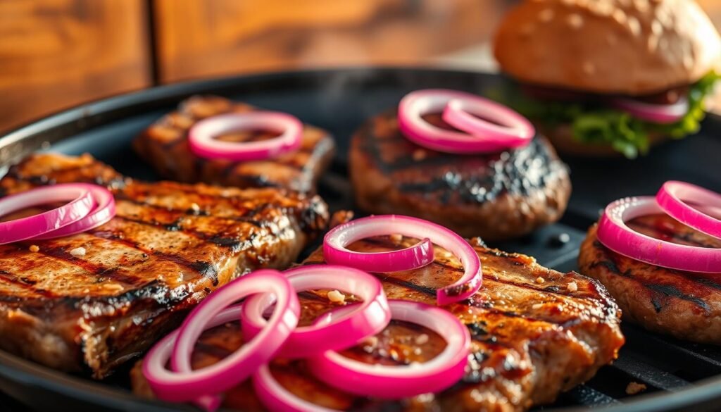 A close-up shot of grilled pork chops and beef burgers, sizzling on a cast-iron grill, garnished with vibrant pickled red onion slices. The onions have a bright pink hue and a perfect balance of sweetness and tanginess, complementing the rich, charred flavors of the meats. The image is bathed in warm, golden lighting, creating a cozy, rustic atmosphere. The foreground is in sharp focus, while the background is softly blurred, emphasizing the protagonist pairing. The camera angle is slightly elevated, allowing the viewer to appreciate the textures and colors of the dish. An inspiring, mouthwatering scene that perfectly captures the essence of "Pairing Pickled Red Onions with Dishes".