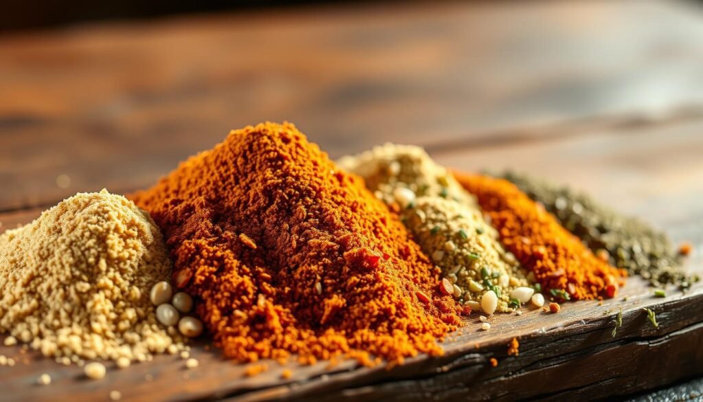 A close-up shot of various fajita seasoning spices, including cumin, chili powder, garlic powder, onion powder, and oregano, arranged neatly on a rustic wooden surface. The spices are illuminated by warm, natural lighting, casting gentle shadows that accentuate their textures and colors. The background is blurred, creating a sense of focus and emphasis on the vibrant, earthy tones of the seasoning blend. The overall composition conveys the rich aroma and flavor of the fajita seasoning, ready to enhance any savory dish. A close-up shot of various fajita seasoning spices, including cumin, chili powder, garlic powder, onion powder, and oregano, arranged neatly on a rustic wooden surface. The spices are illuminated by warm, natural lighting, casting gentle shadows that accentuate their textures and colors. The background is blurred, creating a sense of focus and emphasis on the vibrant, earthy tones of the seasoning blend. The overall composition conveys the rich aroma and flavor of the fajita seasoning, ready to enhance any savory dish.