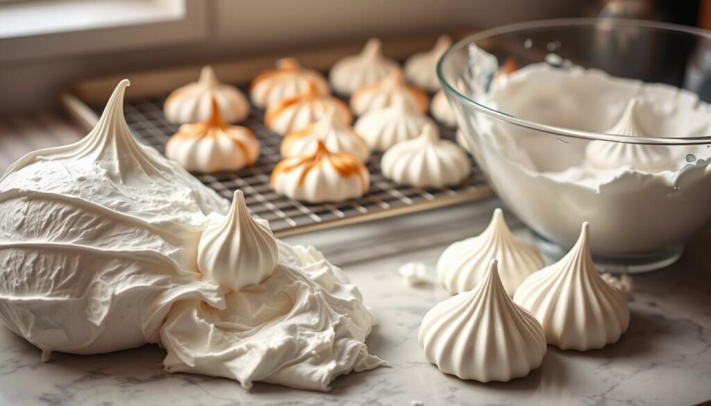 A close-up shot of various meringue-related kitchen mishaps, captured in a warm, natural lighting. In the foreground, a collapsed meringue tower, its peaks deflated and weeping, resting on a marble countertop. In the middle ground, a baking sheet of meringue cookies that have cracked and browned, their delicate textures ruined. In the background, a mixing bowl filled with over-whipped, grainy meringue, the stiff peaks refusing to form. The scene conveys the common challenges faced when attempting to create the perfect meringue, from improper technique to environmental factors, offering a relatable visual for the "Troubleshooting Common Meringue Problems" section. A close-up shot of various meringue-related kitchen mishaps, captured in a warm, natural lighting. In the foreground, a collapsed meringue tower, its peaks deflated and weeping, resting on a marble countertop. In the middle ground, a baking sheet of meringue cookies that have cracked and browned, their delicate textures ruined. In the background, a mixing bowl filled with over-whipped, grainy meringue, the stiff peaks refusing to form. The scene conveys the common challenges faced when attempting to create the perfect meringue, from improper technique to environmental factors, offering a relatable visual for the "Troubleshooting Common Meringue Problems" section.