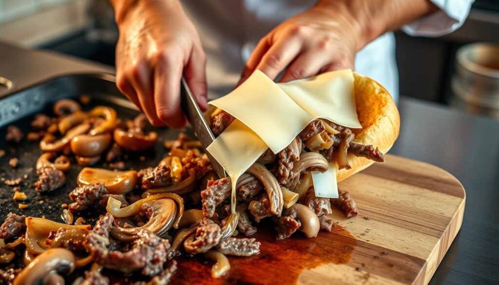 A close-up view of a chef's hands skillfully slicing tender strips of beef on a wooden cutting board, the meat sizzling as it hits the hot cast-iron griddle. Caramelized onions and sautéed mushrooms mingle with the beefy aroma, creating a mouthwatering scene. The chef deftly tosses the ingredients, expertly layering melted provolone cheese over the top, before transferring the masterfully crafted Philly cheesesteak filling into a freshly toasted, soft hoagie roll. The image is bathed in warm, golden lighting, capturing the essence of the classic sandwich's irresistible cooking techniques. A close-up view of a chef's hands skillfully slicing tender strips of beef on a wooden cutting board, the meat sizzling as it hits the hot cast-iron griddle. Caramelized onions and sautéed mushrooms mingle with the beefy aroma, creating a mouthwatering scene. The chef deftly tosses the ingredients, expertly layering melted provolone cheese over the top, before transferring the masterfully crafted Philly cheesesteak filling into a freshly toasted, soft hoagie roll. The image is bathed in warm, golden lighting, capturing the essence of the classic sandwich's irresistible cooking techniques.