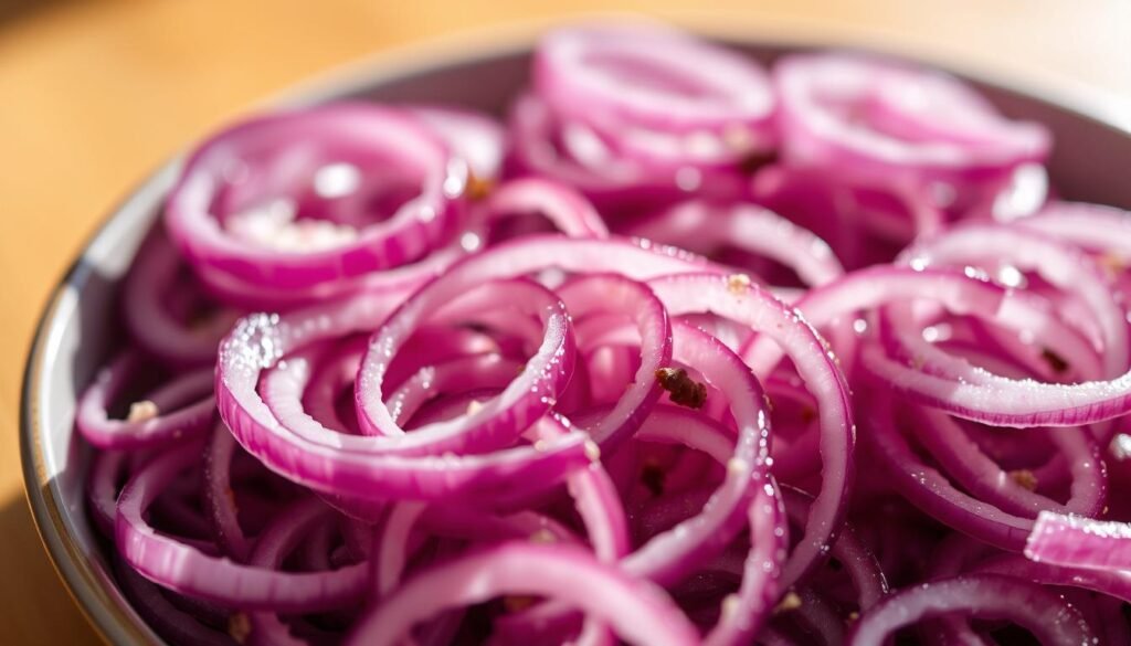 A close-up view of a plate with a delectable array of pickled red onions. The onions are thinly sliced, their vibrant purple hues complemented by the gleam of a light vinegar glaze. The texture is crisp and inviting, begging to be added to a savory dish. The background is softly blurred, allowing the pickled onions to take center stage. Warm, natural lighting illuminates the scene, casting gentle shadows and highlighting the intricate patterns of the onion slices. The overall mood is one of culinary delight, enticing the viewer to imagine the perfect pairing of these flavorful pickled onions.