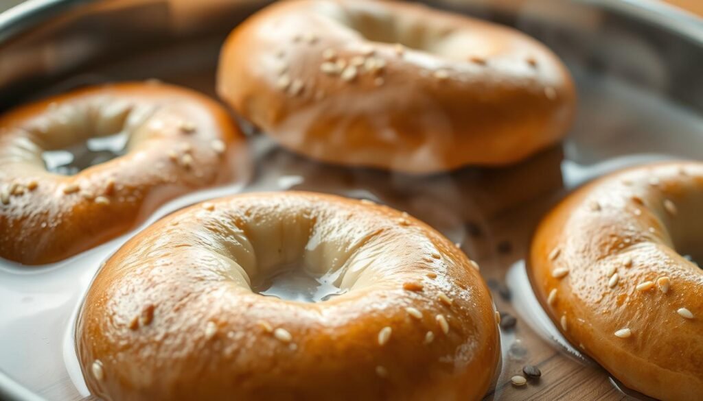 A close-up view of freshly boiled bagels emerging from a steaming pot of water, their golden-brown crusts glistening with beads of condensation. The bagels are arranged on a wooden board, surrounded by a few scattered sesame seeds. Bright, even lighting illuminates the scene, casting subtle shadows and highlights to accentuate the textural details of the bagels. The background is blurred, allowing the viewer to focus on the delectable, freshly-baked appearance of the bagels, conveying the warmth and aroma of a traditional bagel-making process. A close-up view of freshly boiled bagels emerging from a steaming pot of water, their golden-brown crusts glistening with beads of condensation. The bagels are arranged on a wooden board, surrounded by a few scattered sesame seeds. Bright, even lighting illuminates the scene, casting subtle shadows and highlights to accentuate the textural details of the bagels. The background is blurred, allowing the viewer to focus on the delectable, freshly-baked appearance of the bagels, conveying the warmth and aroma of a traditional bagel-making process.