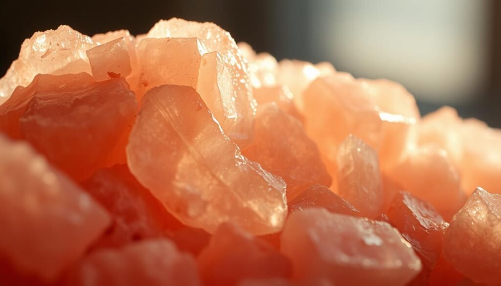 A close-up view of pink Himalayan salt crystals in high detail, illuminated by soft, warm lighting from the side, casting subtle shadows and highlights that reveal the intricate mineral structures and natural striations within the crystals. The salt appears translucent, allowing the viewer to see the depth and complexity of the minerals. The background is blurred, placing the focus entirely on the captivating beauty and allure of the pink salt. The overall mood is one of natural wonder and appreciation for the hidden treasures found in the earth. A close-up view of pink Himalayan salt crystals in high detail, illuminated by soft, warm lighting from the side, casting subtle shadows and highlights that reveal the intricate mineral structures and natural striations within the crystals. The salt appears translucent, allowing the viewer to see the depth and complexity of the minerals. The background is blurred, placing the focus entirely on the captivating beauty and allure of the pink salt. The overall mood is one of natural wonder and appreciation for the hidden treasures found in the earth.