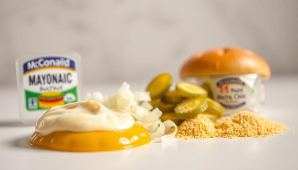 A close-up view of the essential ingredients for a classic Big Mac sauce, arranged neatly on a pristine white surface. In the foreground, glistening mayonnaise, tangy pickle relish, and a splash of zesty yellow mustard. In the middle ground, diced white onion, tangy dill pickle chips, and a sprinkling of aromatic garlic powder. The background is subtly blurred, allowing the vibrant colors and textures of the ingredients to take center stage. The lighting is soft and diffused, casting a warm, inviting glow over the scene. The composition is balanced and visually appealing, showcasing the key components that come together to create the iconic Big Mac sauce. A close-up view of the essential ingredients for a classic Big Mac sauce, arranged neatly on a pristine white surface. In the foreground, glistening mayonnaise, tangy pickle relish, and a splash of zesty yellow mustard. In the middle ground, diced white onion, tangy dill pickle chips, and a sprinkling of aromatic garlic powder. The background is subtly blurred, allowing the vibrant colors and textures of the ingredients to take center stage. The lighting is soft and diffused, casting a warm, inviting glow over the scene. The composition is balanced and visually appealing, showcasing the key components that come together to create the iconic Big Mac sauce.