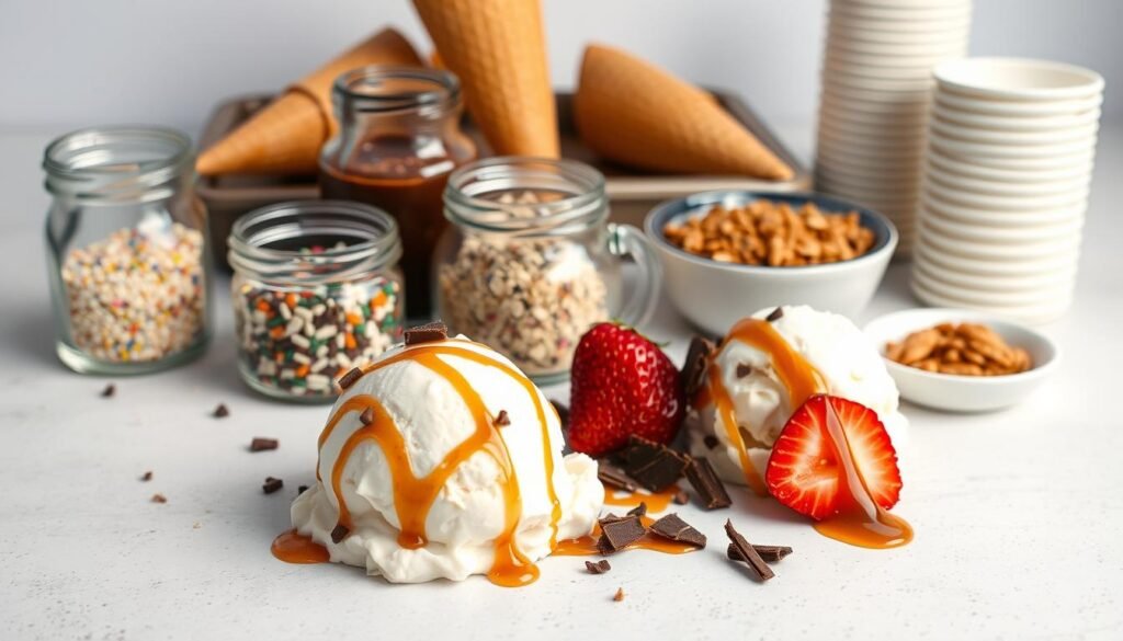 A close-up, well-lit studio photograph of a variety of classic ice cream ingredients artfully arranged on a clean, light-colored surface. In the foreground, a scoop of vanilla ice cream, fresh strawberries, chocolate shavings, and a drizzle of caramel sauce. In the middle ground, a glass jar of sprinkles, a small pitcher of chocolate syrup, and a bowl of chopped nuts. In the background, a tray of waffle cones and a stack of paper cups. The lighting is soft and even, with a shallow depth of field to focus attention on the key elements. The overall mood is inviting and appetizing, emphasizing the essential components for making delicious homemade ice cream. A close-up, well-lit studio photograph of a variety of classic ice cream ingredients artfully arranged on a clean, light-colored surface. In the foreground, a scoop of vanilla ice cream, fresh strawberries, chocolate shavings, and a drizzle of caramel sauce. In the middle ground, a glass jar of sprinkles, a small pitcher of chocolate syrup, and a bowl of chopped nuts. In the background, a tray of waffle cones and a stack of paper cups. The lighting is soft and even, with a shallow depth of field to focus attention on the key elements. The overall mood is inviting and appetizing, emphasizing the essential components for making delicious homemade ice cream.