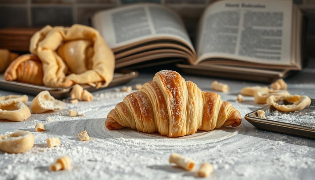 A cluttered kitchen counter, flour-dusted and strewn with croissant dough scraps. A half-formed croissant, its layers uneven and misshapen, sits forlornly amidst overturned baking trays. Soft, diffused lighting casts long shadows, highlighting the textural imperfections. The mood is one of frustrated experimentation, a sense of the process not quite mastered. In the background, a well-worn cookbook lies open, its pages dog-eared, a testament to the ongoing journey of perfecting the croissant. This image aims to capture the common missteps and learning curve inherent in baking these delicate pastries. A cluttered kitchen counter, flour-dusted and strewn with croissant dough scraps. A half-formed croissant, its layers uneven and misshapen, sits forlornly amidst overturned baking trays. Soft, diffused lighting casts long shadows, highlighting the textural imperfections. The mood is one of frustrated experimentation, a sense of the process not quite mastered. In the background, a well-worn cookbook lies open, its pages dog-eared, a testament to the ongoing journey of perfecting the croissant. This image aims to capture the common missteps and learning curve inherent in baking these delicate pastries.