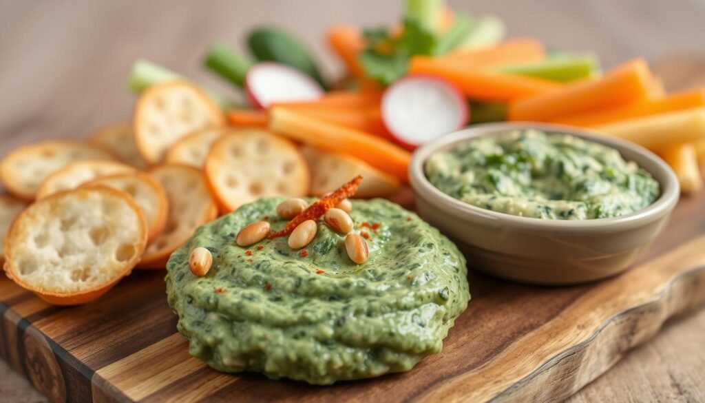 A colorful array of spinach dip variations, artfully presented on a rustic wooden board. In the foreground, a creamy, vibrant green spinach dip, garnished with roasted pine nuts and a sprinkle of paprika. In the middle ground, crostini and pita chips, inviting dipping. In the background, a selection of raw vegetables - crisp celery sticks, carrot slices, and radish rounds - providing a fresh, crunchy contrast. Soft, even lighting illuminates the scene, highlighting the vibrant colors and textures. The overall mood is one of casual elegance, perfect for a relaxed gathering or cocktail party. A colorful array of spinach dip variations, artfully presented on a rustic wooden board. In the foreground, a creamy, vibrant green spinach dip, garnished with roasted pine nuts and a sprinkle of paprika. In the middle ground, crostini and pita chips, inviting dipping. In the background, a selection of raw vegetables - crisp celery sticks, carrot slices, and radish rounds - providing a fresh, crunchy contrast. Soft, even lighting illuminates the scene, highlighting the vibrant colors and textures. The overall mood is one of casual elegance, perfect for a relaxed gathering or cocktail party.