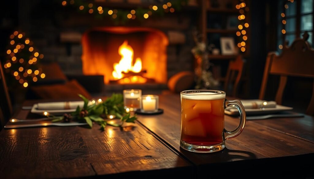 A cozy, dimly lit interior, with a rustic wooden table set for a special occasion. On the table, a steaming mug of rich, golden butterbeer, surrounded by festive decor - sprigs of holly, twinkling fairy lights, and a crackling fireplace in the background, casting a warm glow. The scene is bathed in a soft, amber light, creating a sense of magic and enchantment, perfect for a celebratory gathering. The camera angle is slightly elevated, capturing the scene from a comfortable, intimate perspective. A cozy, dimly lit interior, with a rustic wooden table set for a special occasion. On the table, a steaming mug of rich, golden butterbeer, surrounded by festive decor - sprigs of holly, twinkling fairy lights, and a crackling fireplace in the background, casting a warm glow. The scene is bathed in a soft, amber light, creating a sense of magic and enchantment, perfect for a celebratory gathering. The camera angle is slightly elevated, capturing the scene from a comfortable, intimate perspective.
