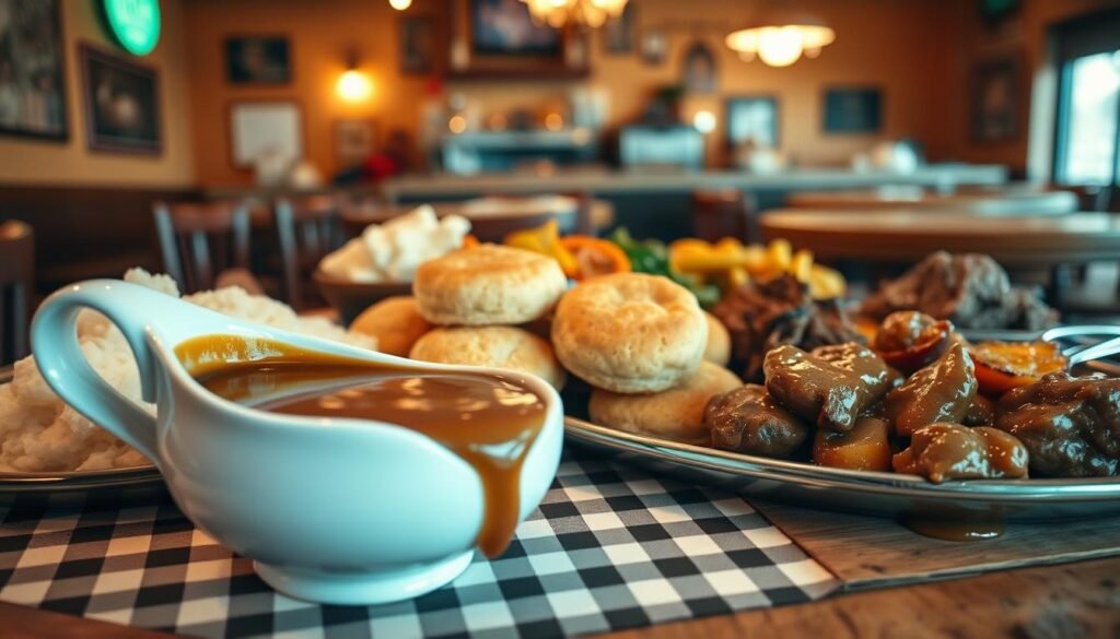 A cozy diner-style tableau showcasing a variety of classic brown gravy accompaniments. In the foreground, a pile of freshly baked biscuits nestled next to a gravy boat overflowing with rich, savory brown gravy. Surrounding the biscuits, an assortment of sides including mashed potatoes, roasted vegetables, and tender pieces of slow-cooked beef. The middle ground features a rustic wooden table with a checkered tablecloth, adding a homey touch. In the background, a warm, softly-lit diner interior with vintage decor and a welcoming atmosphere. Captured with a vintage-inspired lens, the image evokes a comforting, nostalgic feel, highlighting the versatility of brown gravy as the ultimate comfort food pairing. A cozy diner-style tableau showcasing a variety of classic brown gravy accompaniments. In the foreground, a pile of freshly baked biscuits nestled next to a gravy boat overflowing with rich, savory brown gravy. Surrounding the biscuits, an assortment of sides including mashed potatoes, roasted vegetables, and tender pieces of slow-cooked beef. The middle ground features a rustic wooden table with a checkered tablecloth, adding a homey touch. In the background, a warm, softly-lit diner interior with vintage decor and a welcoming atmosphere. Captured with a vintage-inspired lens, the image evokes a comforting, nostalgic feel, highlighting the versatility of brown gravy as the ultimate comfort food pairing.