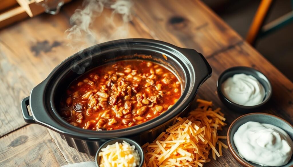 A cozy, inviting scene of a steaming crockpot filled with hearty, homemade chili, set on a rustic wooden table. The chili is bubbling gently, its rich, savory aroma wafting through the air. Beside the crockpot, an array of toppings are neatly arranged, including shredded cheddar cheese, diced onions, and a dollop of sour cream. The lighting is warm and natural, casting a soft glow on the scene. The angle is slightly elevated, allowing the viewer to appreciate the delectable details of the dish. The overall mood is one of comfort and satisfaction, inviting the viewer to imagine themselves gathering around the table, enjoying a bowl of the delicious, homemade chili. A cozy, inviting scene of a steaming crockpot filled with hearty, homemade chili, set on a rustic wooden table. The chili is bubbling gently, its rich, savory aroma wafting through the air. Beside the crockpot, an array of toppings are neatly arranged, including shredded cheddar cheese, diced onions, and a dollop of sour cream. The lighting is warm and natural, casting a soft glow on the scene. The angle is slightly elevated, allowing the viewer to appreciate the delectable details of the dish. The overall mood is one of comfort and satisfaction, inviting the viewer to imagine themselves gathering around the table, enjoying a bowl of the delicious, homemade chili.