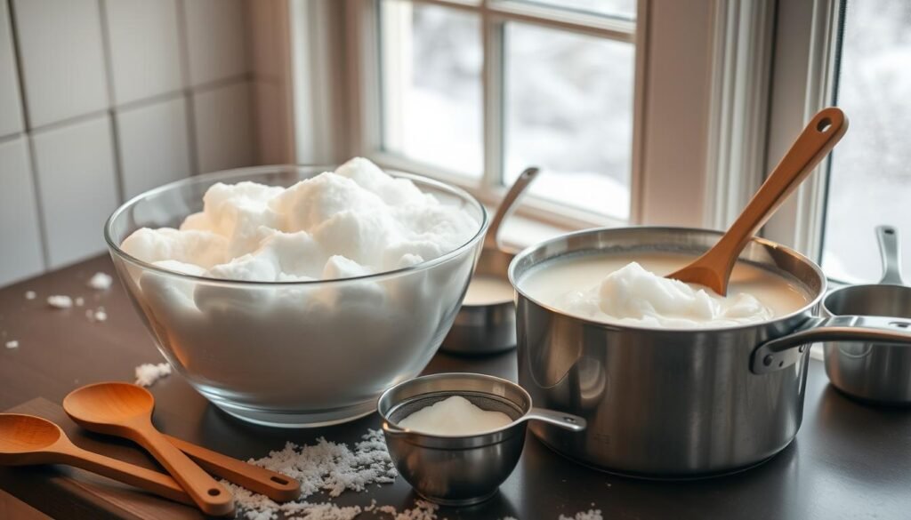 A cozy kitchen counter with a large glass bowl filled with fresh snow. Nearby, a saucepan simmers with a fragrant vanilla bean custard. Wooden spoons, a sieve, and measuring cups are neatly arranged, ready to transform the snow into a silky, indulgent snow cream. The soft, diffused lighting casts a warm glow, creating an inviting and homely atmosphere. In the background, a window overlooks a winter wonderland, with delicate snowflakes drifting lazily outside. The scene exudes a sense of comfort and nostalgia, perfectly capturing the essence of crafting the perfect snow cream. A cozy kitchen counter with a large glass bowl filled with fresh snow. Nearby, a saucepan simmers with a fragrant vanilla bean custard. Wooden spoons, a sieve, and measuring cups are neatly arranged, ready to transform the snow into a silky, indulgent snow cream. The soft, diffused lighting casts a warm glow, creating an inviting and homely atmosphere. In the background, a window overlooks a winter wonderland, with delicate snowflakes drifting lazily outside. The scene exudes a sense of comfort and nostalgia, perfectly capturing the essence of crafting the perfect snow cream.